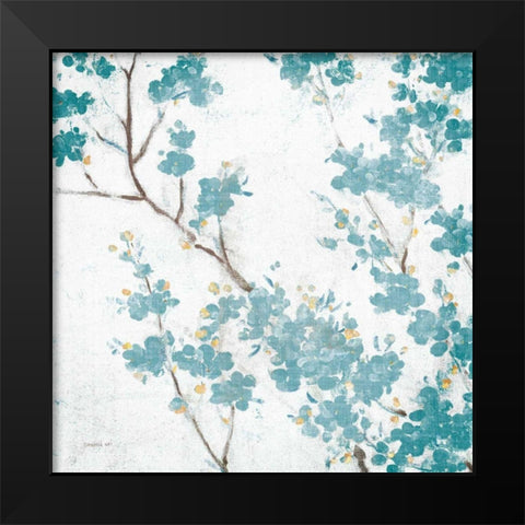 Teal Cherry Blossoms II on Cream Aged no Bird Black Modern Wood Framed Art Print by Nai, Danhui