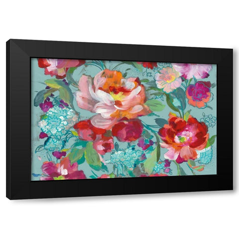 Bright Floral Medley Crop Turquoise Black Modern Wood Framed Art Print with Double Matting by Nai, Danhui
