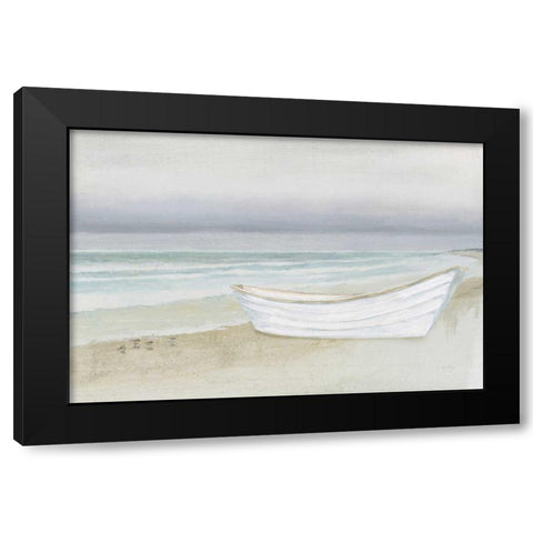 Serene Seaside with Boat Black Modern Wood Framed Art Print by Wiens, James