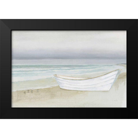 Serene Seaside with Boat Black Modern Wood Framed Art Print by Wiens, James