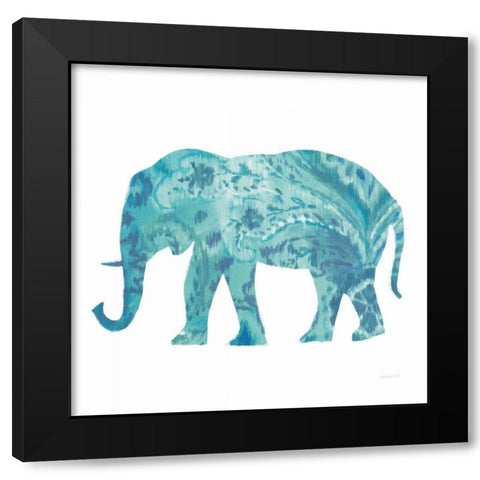 Boho Teal Elephant II Black Modern Wood Framed Art Print with Double Matting by Nai, Danhui