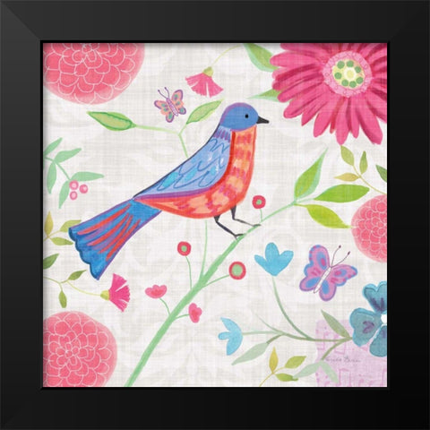 Damask Floral and Bird II v2 Black Modern Wood Framed Art Print by Zaman, Farida