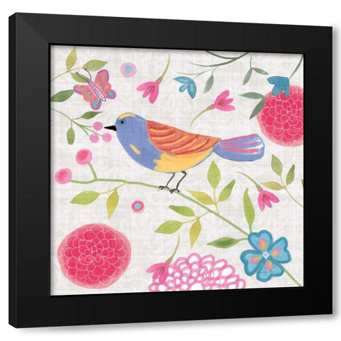Damask Floral and Bird III v2 Black Modern Wood Framed Art Print with Double Matting by Zaman, Farida