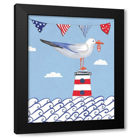 Coastal Bird I Flags on Blue Black Modern Wood Framed Art Print by Zaman, Farida