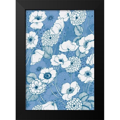 Pen and Ink Flowers on Blue Black Modern Wood Framed Art Print by Wild Apple Portfolio