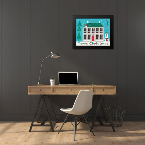 Jolly Holiday Home on Blue Merry Christmas Black Modern Wood Framed Art Print by Mullan, Michael