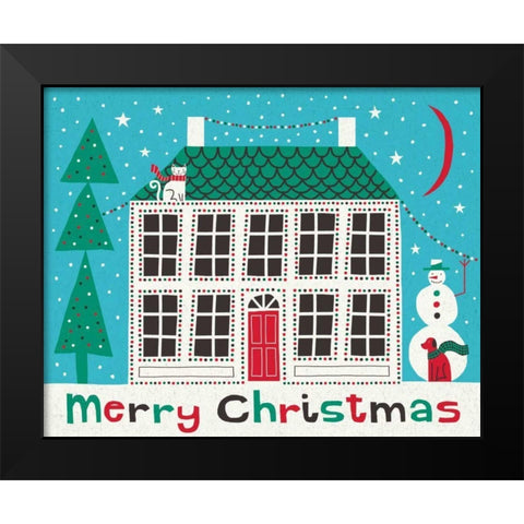 Jolly Holiday Home on Blue Merry Christmas Black Modern Wood Framed Art Print by Mullan, Michael