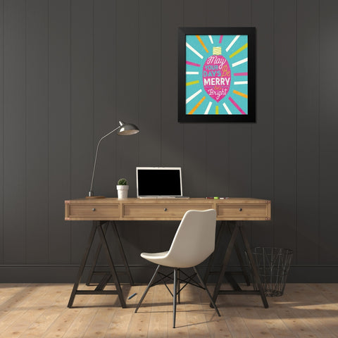 Festive Holiday Light Bulb Merry and Bright v2 Black Modern Wood Framed Art Print by Mullan, Michael