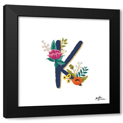 Romantic Luxe Monogram K Navy Black Modern Wood Framed Art Print with Double Matting by Penner, Janelle