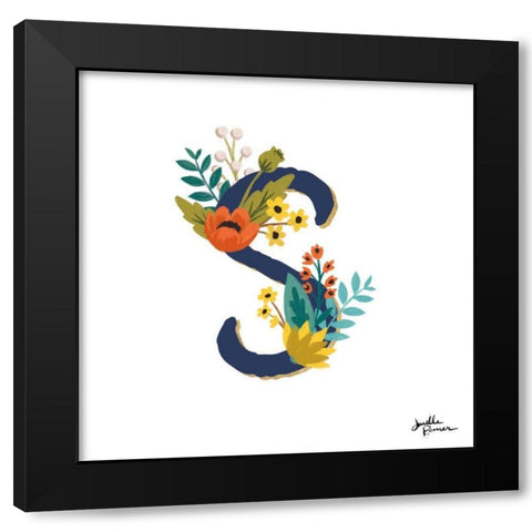 Romantic Luxe Monogram S Navy Black Modern Wood Framed Art Print with Double Matting by Penner, Janelle