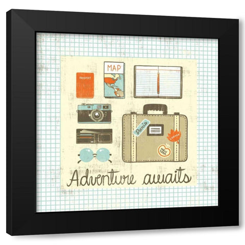 Wanderlust Adventure Awaits Grid Black Modern Wood Framed Art Print with Double Matting by Hilsaca, Cleonique