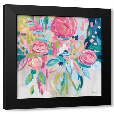 Summer Pink Floral Black Modern Wood Framed Art Print by Zaman, Farida