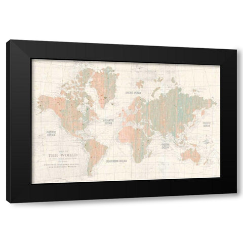 Old World Map Blush and Mint Black Modern Wood Framed Art Print by Wild Apple Portfolio