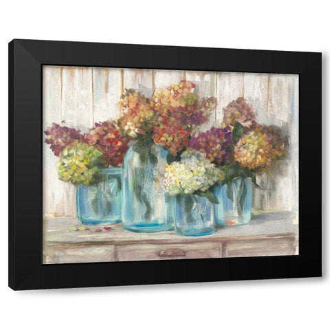 Hydrangeas in Glass Jars White Wood Black Modern Wood Framed Art Print by Rowan, Carol