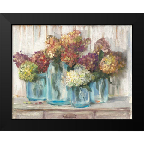 Hydrangeas in Glass Jars White Wood Black Modern Wood Framed Art Print by Rowan, Carol
