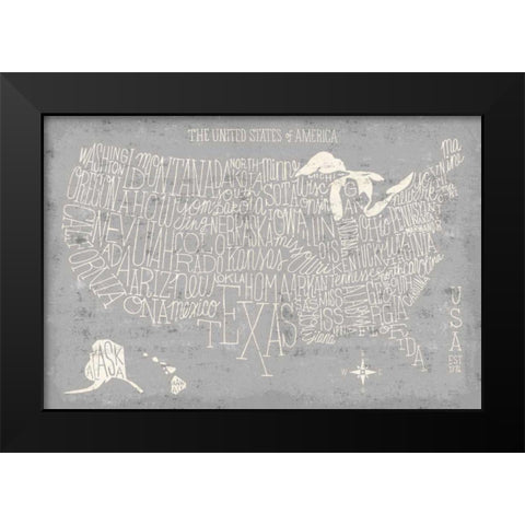Hand Lettered USA Map Gray Black Modern Wood Framed Art Print by Mullan, Michael