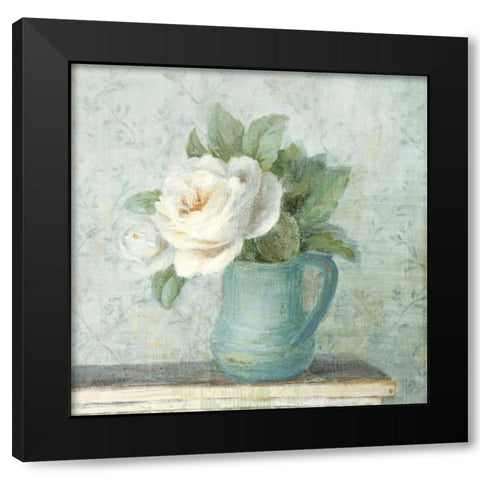 June Roses II White Blue Crop Black Modern Wood Framed Art Print with Double Matting by Nai, Danhui