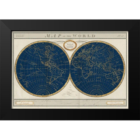 Torkingtons World Map Indigo Globes Black Modern Wood Framed Art Print by Schlabach, Sue