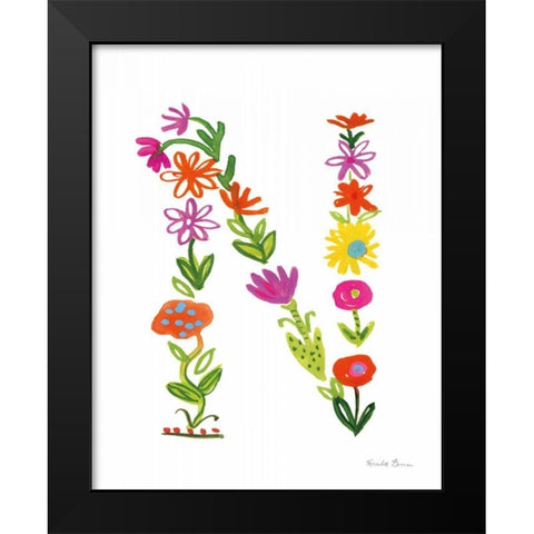 Floral Alphabet Letter XIV Black Modern Wood Framed Art Print by Zaman, Farida