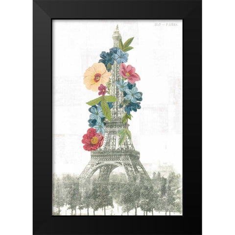 Floral Eiffel Tower Black Modern Wood Framed Art Print by Wild Apple Portfolio