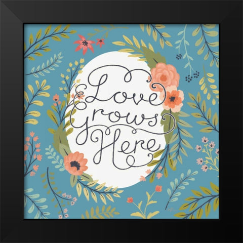 Retro Garden II - Love Grows Here Blue Black Modern Wood Framed Art Print by Penner, Janelle