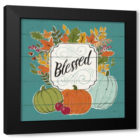 Thankful III Turquoise Leaves Black Modern Wood Framed Art Print with Double Matting by Penner, Janelle