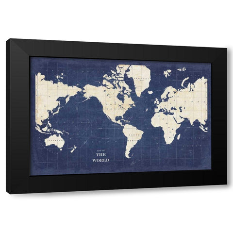 Blueprint World Map - No Border Black Modern Wood Framed Art Print by Schlabach, Sue