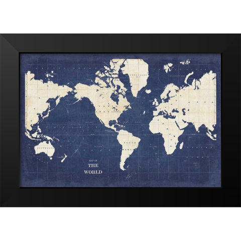 Blueprint World Map - No Border Black Modern Wood Framed Art Print by Schlabach, Sue