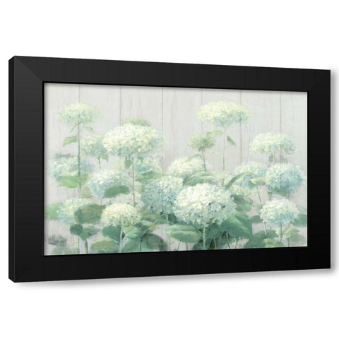 White Hydrangea Garden Sage on Wood Crop Black Modern Wood Framed Art Print with Double Matting by Nai, Danhui