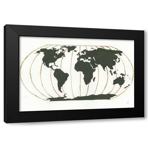 World Map Gold Lines Black Modern Wood Framed Art Print by Paschke, Chris