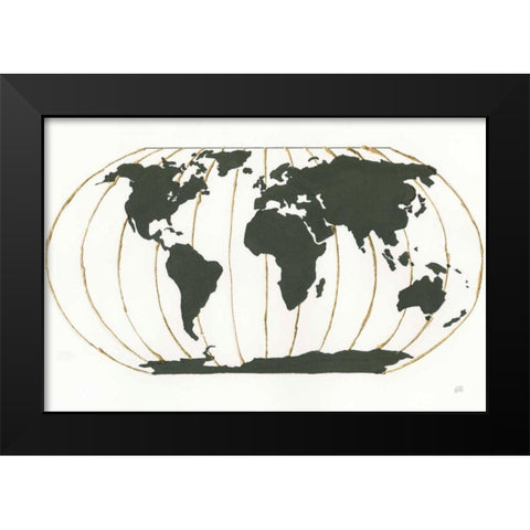 World Map Gold Lines Black Modern Wood Framed Art Print by Paschke, Chris