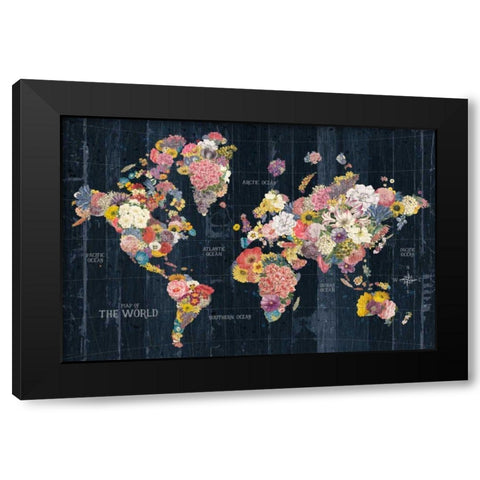 Botanical Floral Map Words Black Modern Wood Framed Art Print with Double Matting by Wild Apple Portfolio