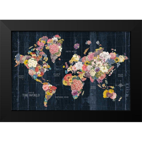 Botanical Floral Map Words Black Modern Wood Framed Art Print by Wild Apple Portfolio