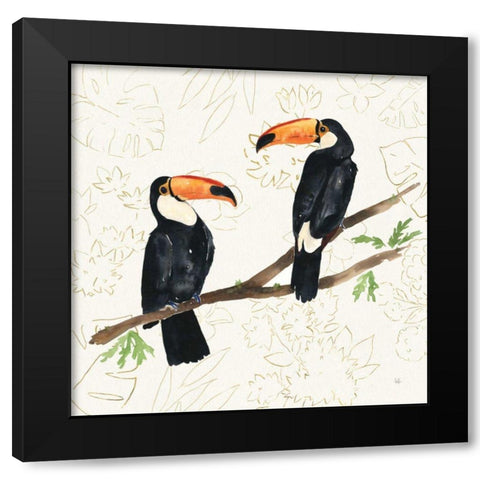 Tropical Fun Bird I Flower Background Black Modern Wood Framed Art Print by Sussman, Harriet
