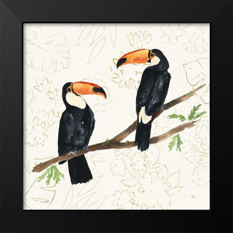 Tropical Fun Bird I Flower Background Black Modern Wood Framed Art Print by Sussman, Harriet