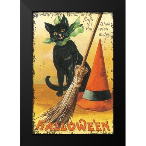 Halloween Nostalgia Cat with Broom Black Modern Wood Framed Art Print by Pertiet, Katie