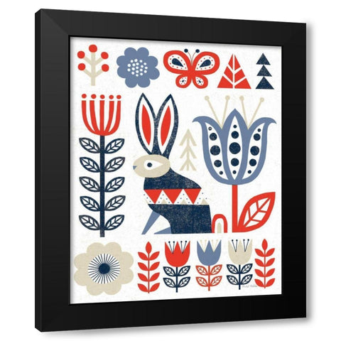 Folk Lodge Rabbit Red Navy Black Modern Wood Framed Art Print by Mullan, Michael