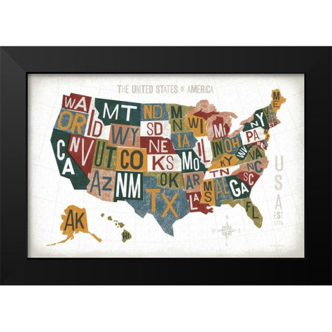 Letterpress USA Map Warm Black Modern Wood Framed Art Print by Mullan, Michael