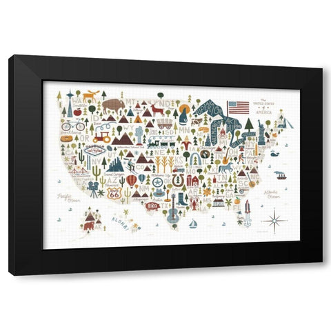 Illustrated USA Warm Black Modern Wood Framed Art Print with Double Matting by Mullan, Michael