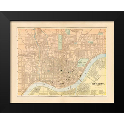 Map of Cincinnati Black Modern Wood Framed Art Print by Wild Apple Portfolio
