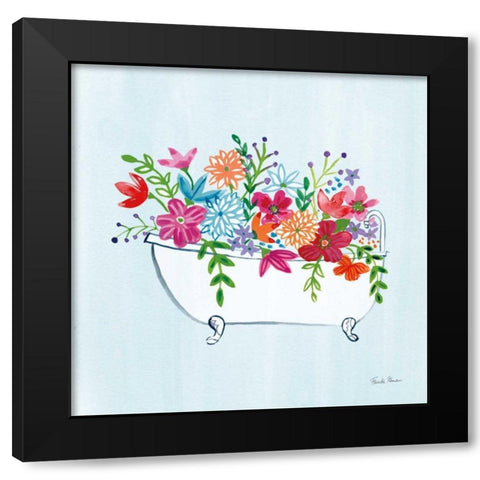 Floral Bathroom I Light Blue Black Modern Wood Framed Art Print by Zaman, Farida