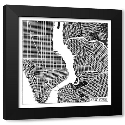 New York Map Black Black Modern Wood Framed Art Print with Double Matting by Marshall, Laura