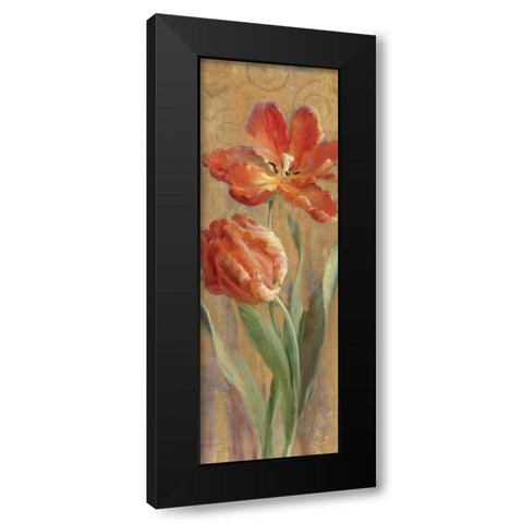 Parrot Tulips on Gold II Black Modern Wood Framed Art Print with Double Matting by Nai, Danhui