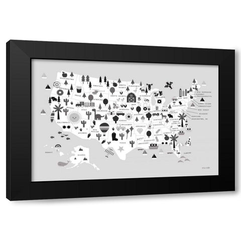 Fun USA Map BW Black Modern Wood Framed Art Print with Double Matting by Kelle, Ann