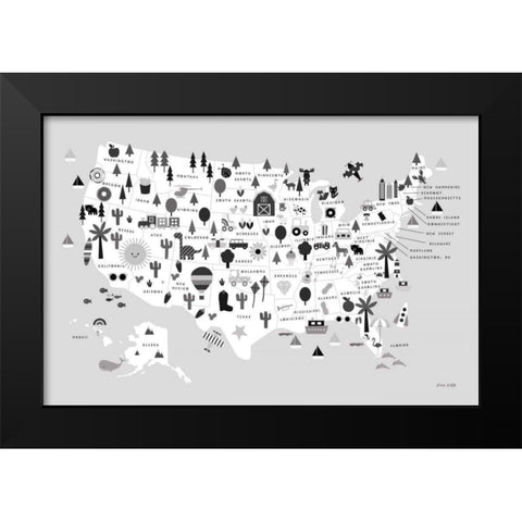 Fun USA Map BW Black Modern Wood Framed Art Print by Kelle, Ann