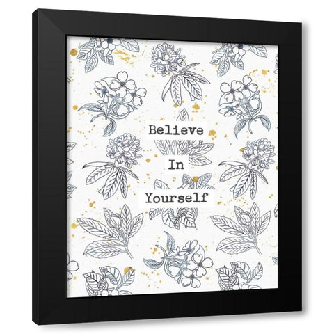 Indigo Blooms Believe Black Modern Wood Framed Art Print with Double Matting by Wild Apple Portfolio