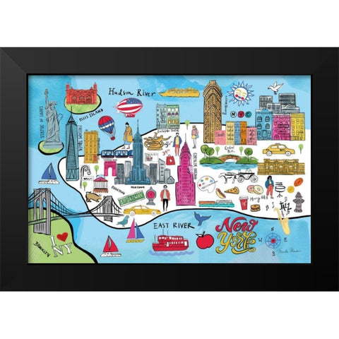 New York Map Black Modern Wood Framed Art Print by Zaman, Farida