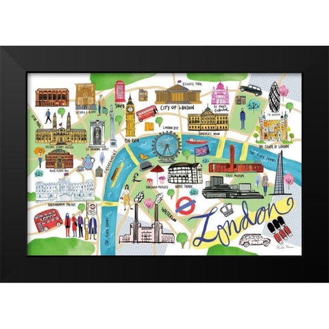 London Map Black Modern Wood Framed Art Print by Zaman, Farida