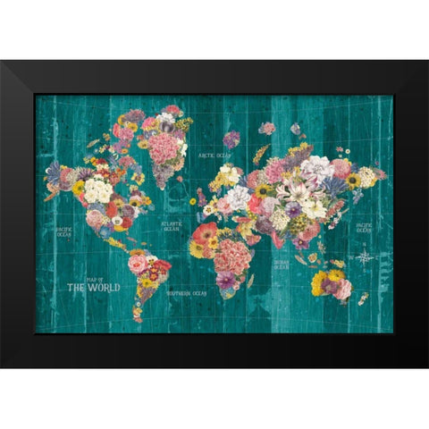 Botanical Floral Map Words Aqua Black Modern Wood Framed Art Print by Wild Apple Portfolio