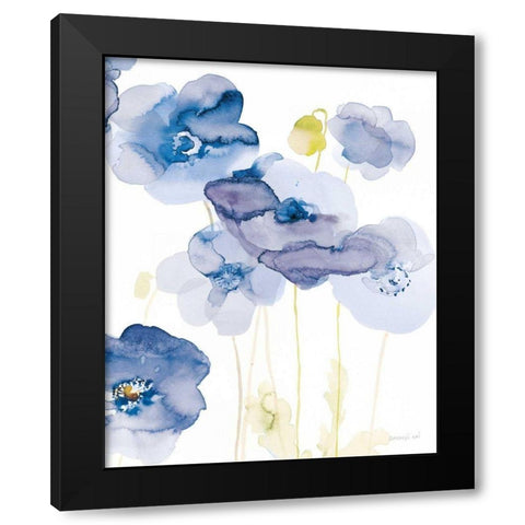 Delicate Poppies II Blue Black Modern Wood Framed Art Print by Nai, Danhui